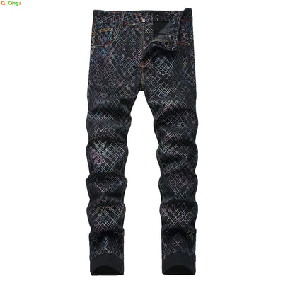 Men's Black Jeans for Spring and Fall, Checkered Print | SAMAG