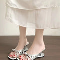 Retro French Polka Dot Bow Mule Sandals for Women, Square Toe Mid-Heel Hollow-Out Heel Slides, Versatile Outdoor Slippers