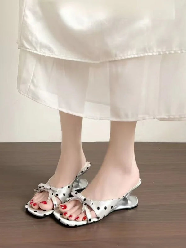 Retro French Polka Dot Bow Mule Sandals for Women, Square Toe Mid-Heel Hollow-Out Heel Slides, Versatile Outdoor Slippers