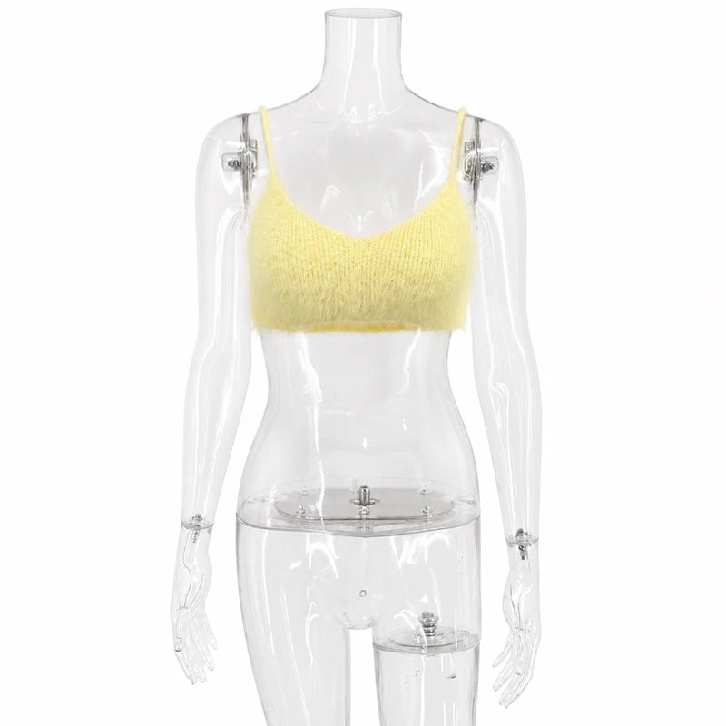 Tossy Crop Top Women Camisole Spaghetti Strap Scoop Neck Fuzzy Knit Party Club Sleeveless Slim Fit Spring Summer Y2K Casual Top