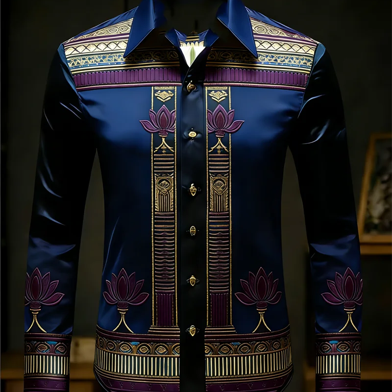 New men's long sleeved shirt with gold lotus 3D printed | SAMAG