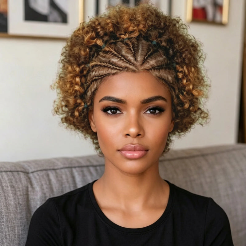 13x4 Lace Front Braided Top Curly Human Hair Wig for Women 180% Density Pre Plucked Natural Hairline Wig