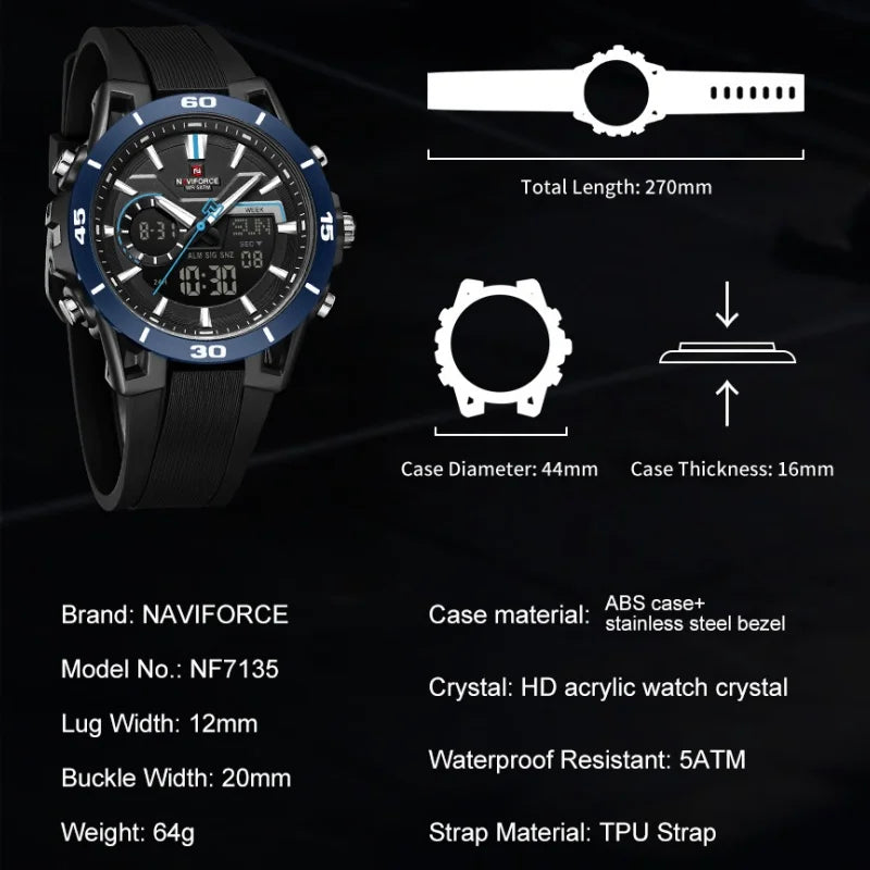 NAVIFORCE Men's Fashion Dual Display Watch 5ATM Waterproof Luminous Soft TPU Strap Male Sports Outdoor Daily Wristwatch Gift Box