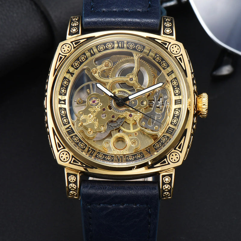 Men Automatic Watch Retro Style Mechanical Watches Skeleton Carve Waterproof Leather No Logo Mens Watch Boyfriend's Gift