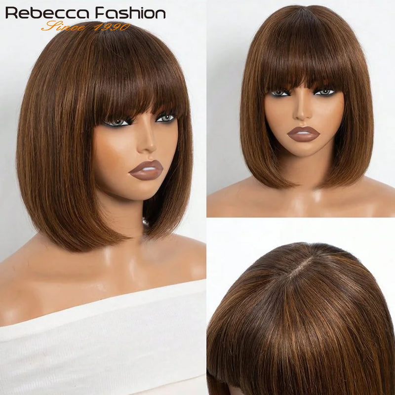 Real Scalp Bang Wig Straight Bob Wig With Bangs 3x1 Lace 100% Human Hair Short Ready-to-Wear Wig for Women Beginner Friendly