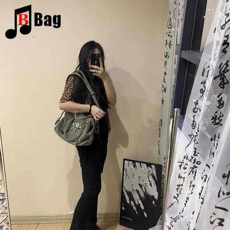 Y2K Gothic Women's Girls Punk Harajuku Handbag Skull Head Bright Diamond Large Capacity Fashionable One Shoulder Crossbody Totes