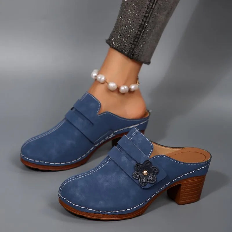 Women's Mules Round Toe Block Heel Suede-Look Shoes Casual Daily Slip-On Clogs Featuring Flower Applique Contrast Stitching 2026