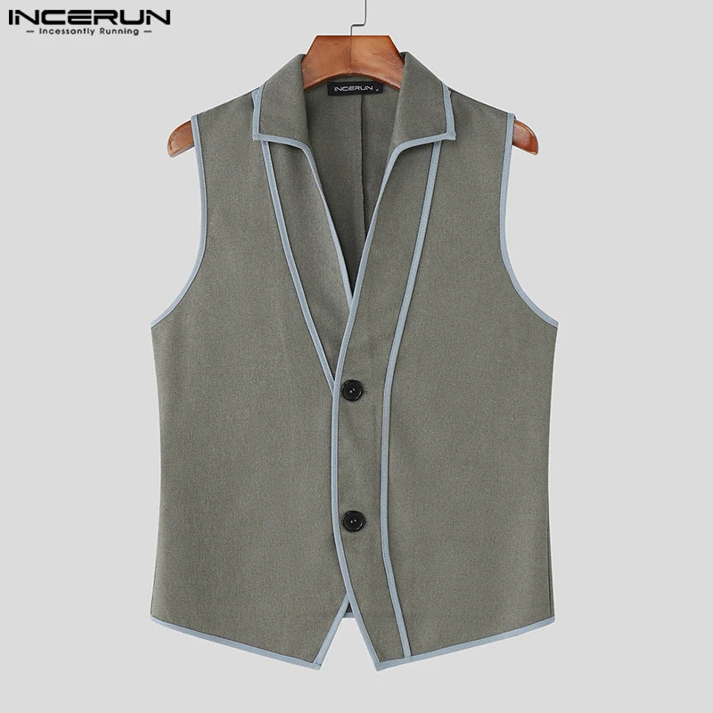 INCERUN Summer Men Vests Patchwork Lapel Sleeveless Button Casual Male Waistcoats Streetwear 2025 Fashion Vests Oversize S-5XL