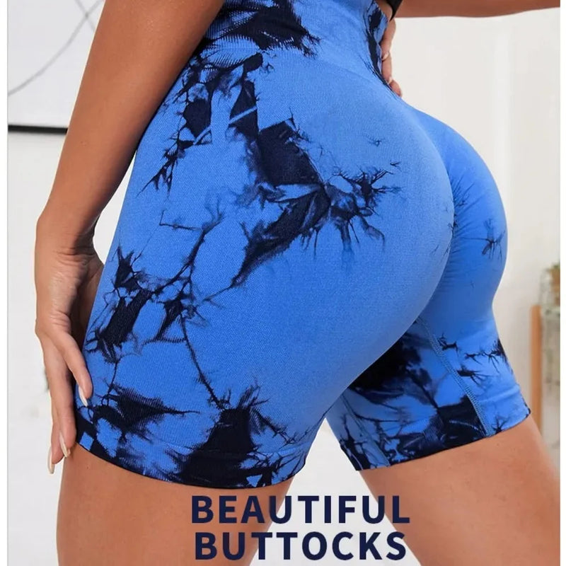 Seamless Tie Dye Style High Waist Quick Dried Fitness Triple Pants Honey Peach Hip Lift Yoga Sports Tight Shorts