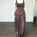 Laru Women Satin 2 Piece Outfit U Neck Corset Tank Top High Waist Harem Baggy Pants Elegant Party Daily Matching Suit