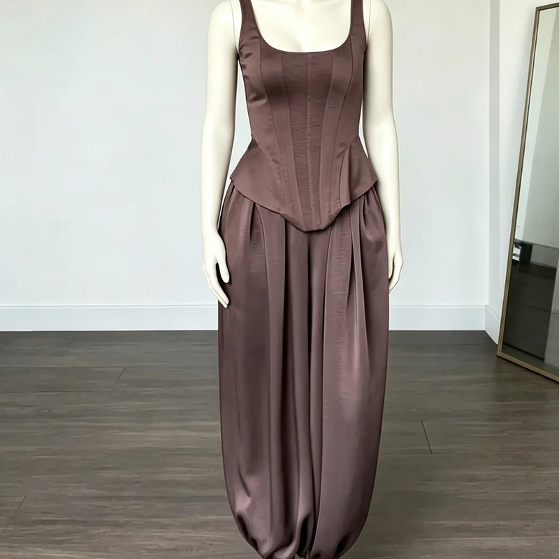 Laru Women Satin 2 Piece Outfit U Neck Corset Tank Top High Waist Harem Baggy Pants Elegant Party Daily Matching Suit