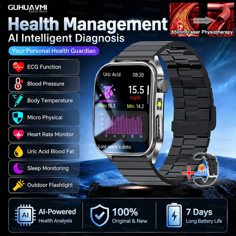 2026 New Non-Invasive Laser Treatment Three High Smart Watch Man ECG Heart Test Blood Fat Uric Acid Smart Watch For Android IOS