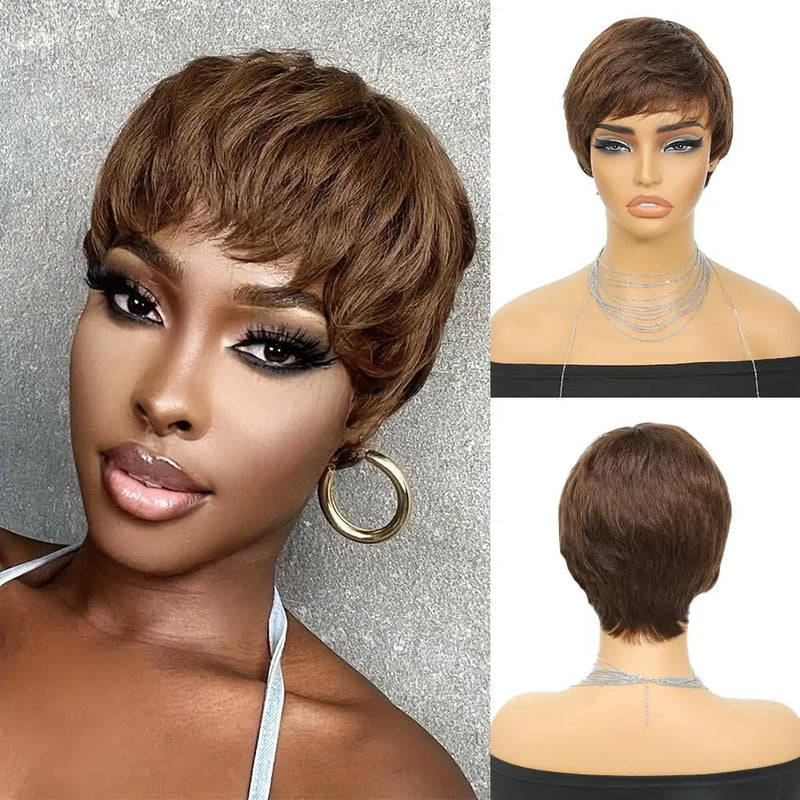 Short Pixie Cut Wig Layered Chocolate Brown Cut  Human Hair Wig 4# Straight Hair Pixie Wigs with Bangs Full Machine Duby Wig