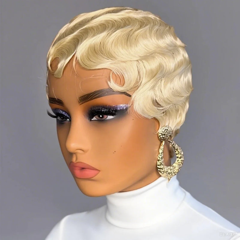 613 Blonde Pixie Cut Wig Short Finger Wave Human Hair Full Machine Made for Women Natural-Looking