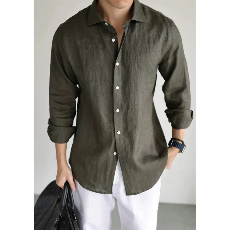Men's Linen Shirt Cotton Blend Long Sleeve Button Down | SAMAG