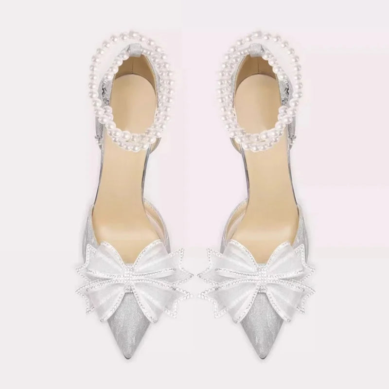 Poplular Zapatos De Mujer Bowtie Beading Embellished Sweet Women Weeding Shoes Pointed High Heels Glitter Slip-On Women Pumps