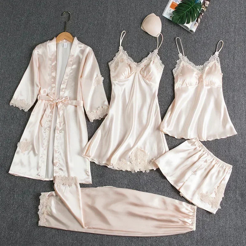 5-piece Set of Women's Sleepwear Sexy Silk Nightgown Lace | SAMAG