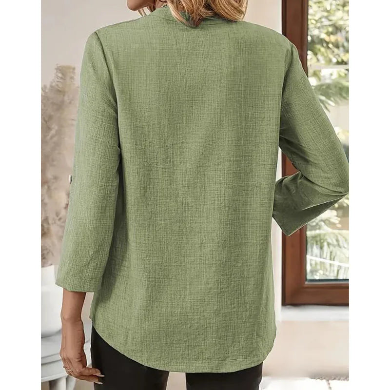 Women's Spring and Summer Fashion Loose Casual Shirt  Retro V-Neck Solid Color Blouse  Elegant Top for Young Women