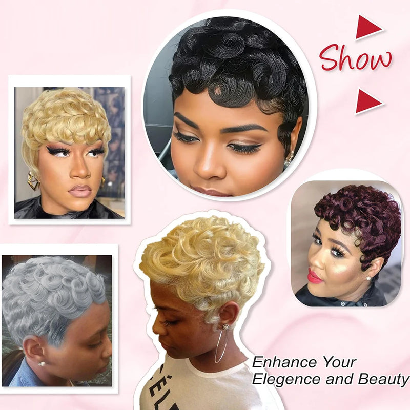 613 Honey Blonde Curly Pixie Cut Wig 100% Human Hair with Bangs Short Curly Human Hair Wigs for Women Machine Made