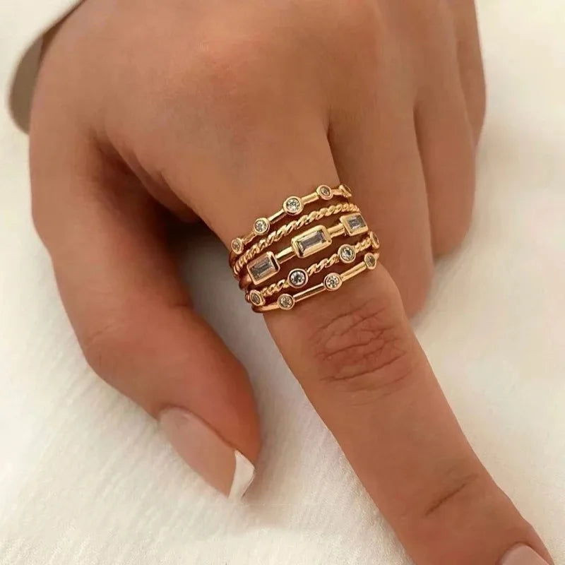 2025 New Stainless Steel 18 K Gold Plated Sun Rings for Women Natural Stone Inlaid in Hollow Metal Texture Ring Trendy Jewelry