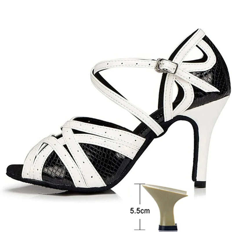 Black White Latin Dance Shoes for Womens Soft Bottom Indoor Jazz Tango Cha Cha Party High Heel Girl Dancing  Hollow Out Sandals