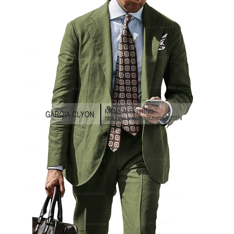 2025 New Casual Men's Suit Jacket Summer Spring Blazer Two Bottom Breathable Cotton Linen Coat 2 Pieces( Jacket+Pants )