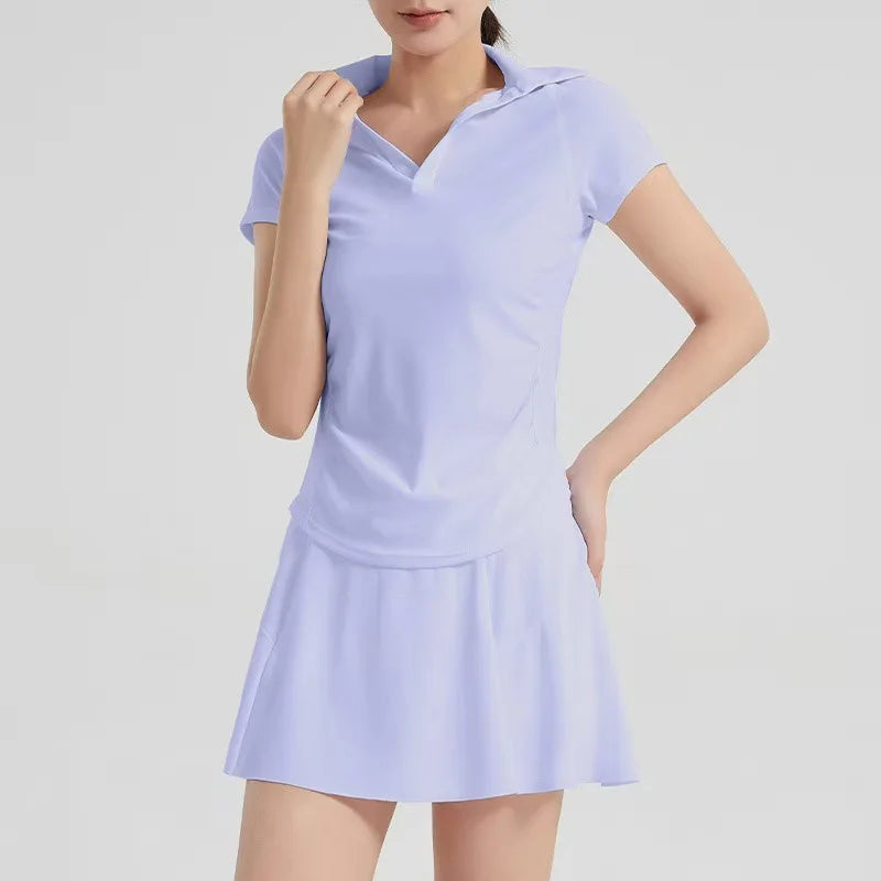 Women's Mesh Sport Set 2 Piece Short Sleeve Top with Skirt Summer Yoga Outfits Plus Size Quick Dry Breathable Tennis Badminton