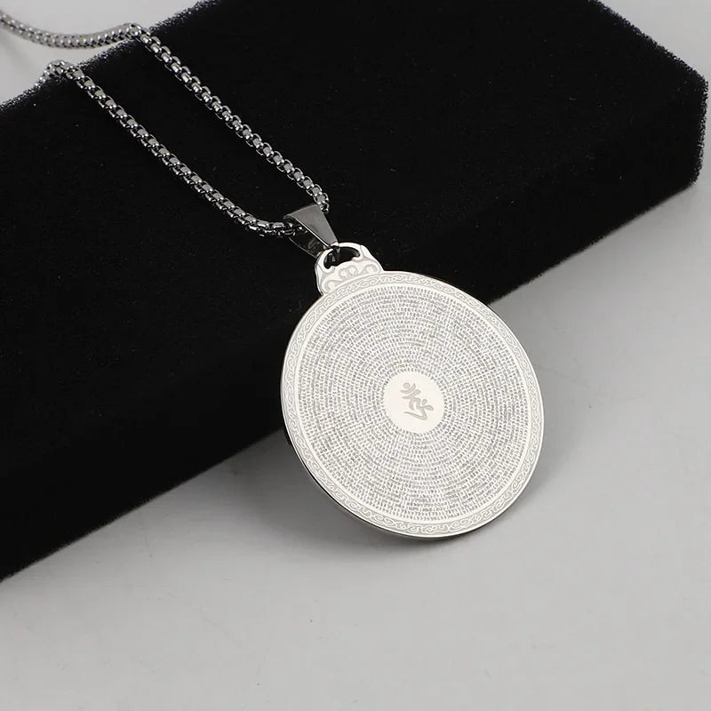 Vintage Stainless Steel Buddha Plaque Scripture Necklace Shurangama Mantra Tibetan Buddhist Vow Talisman Religious Party Jewelry