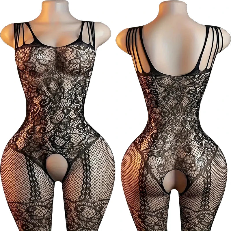 Sling Halter Neck Baby Dolls Underwear Fishnet Hollow Bodystockings Sexy Lingerie Women Cross Legged Crotchless Babydolls Dress