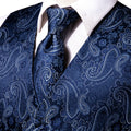 Hi-Tie Navy Blue Mens Vest Formal Paisley Waistcoat Jacket Tie Handkerchief Cufflinks Set For Male Dress Suit Wedding Party