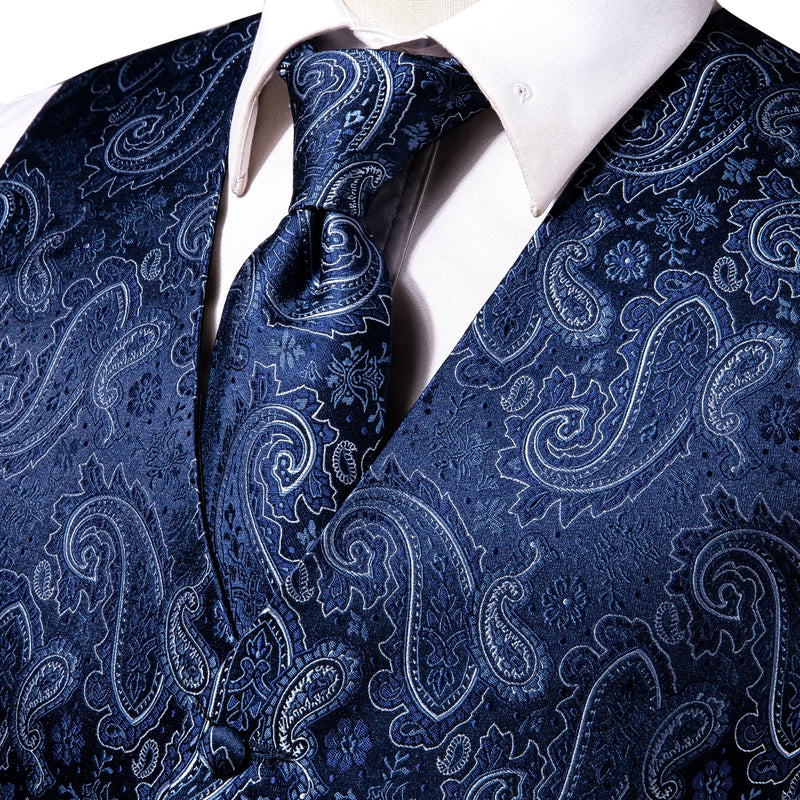Hi-Tie Navy Blue Mens Vest Formal Paisley Waistcoat Jacket Tie Handkerchief Cufflinks Set For Male Dress Suit Wedding Party