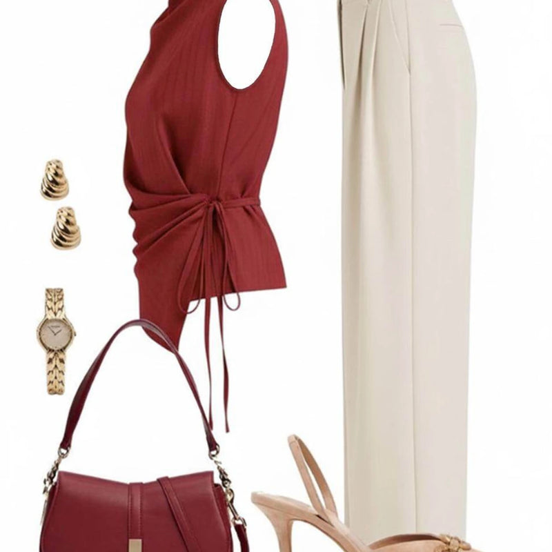 Women's Sleeveless Side Tie Top Matching High Waist Wide Leg Pants For Office Daily Dinner Casual Fashion Occasions