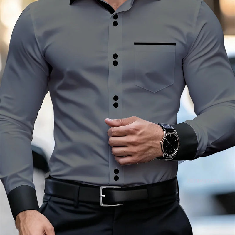 Men's Business Color Block Collar Long Sleeve Shirt, Slim | SAMAG