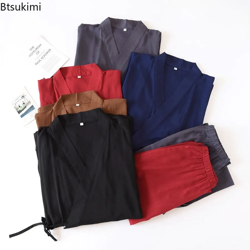 2026 Men's Japanese Kimono Robes Sets Cotton Linen Pajamas Two-piece Set Couple Loose Bathrobes Sweat Steaming Home Service Suit