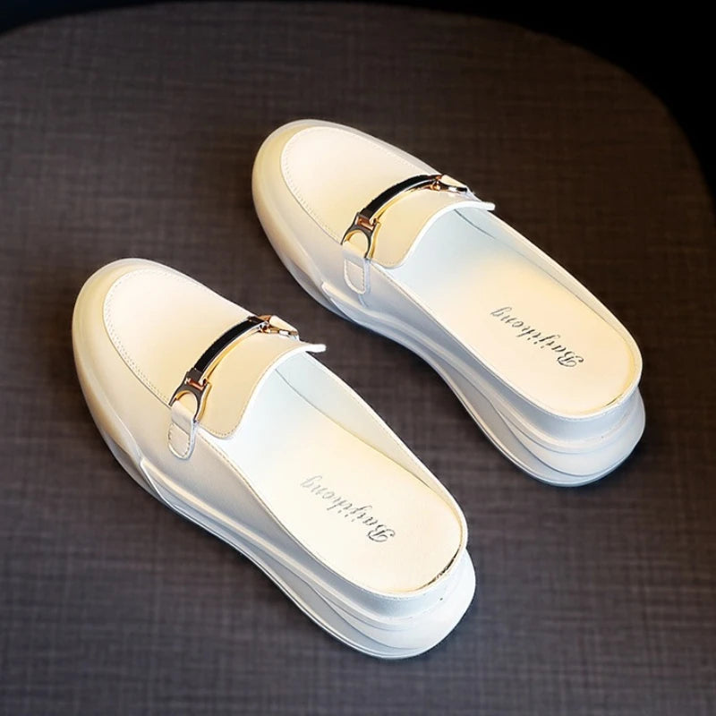 Women's 2026 New Solid Color Heightening Design Wedge Slippers Spring and Summer Metal Decorative Leisure Baotou Slippers