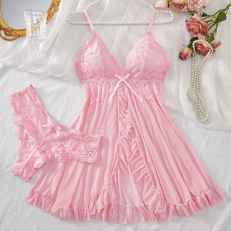 Lace G-string Set Women Lingerie Pajama Kit Transparent Crotchless Dress Mini Underpants Nightwear Set Big Size Female Underwear