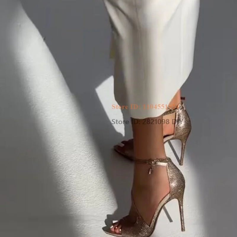 Wedding Party Shoes Women's Stiletto Heels Heeled Leather Bling Gold Crystal Open Toe Sandals Thin High Heel Women's Shoes