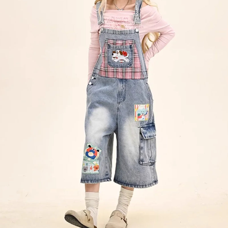 Y2K Aesthetic Cartoon Dog Embroidery Denim Overalls Women - View 5 | SAMAG