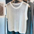 Women's White Hollow Out Knit Vest, Crew Neck Sleeveless - View 6 | SAMAG