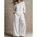 Women sexy one-Shoulder Strap Buckle casual two Piece Sets Autumn Solid Slant Neck Long Sleeve top  Wide Leg Pants Matching Sets