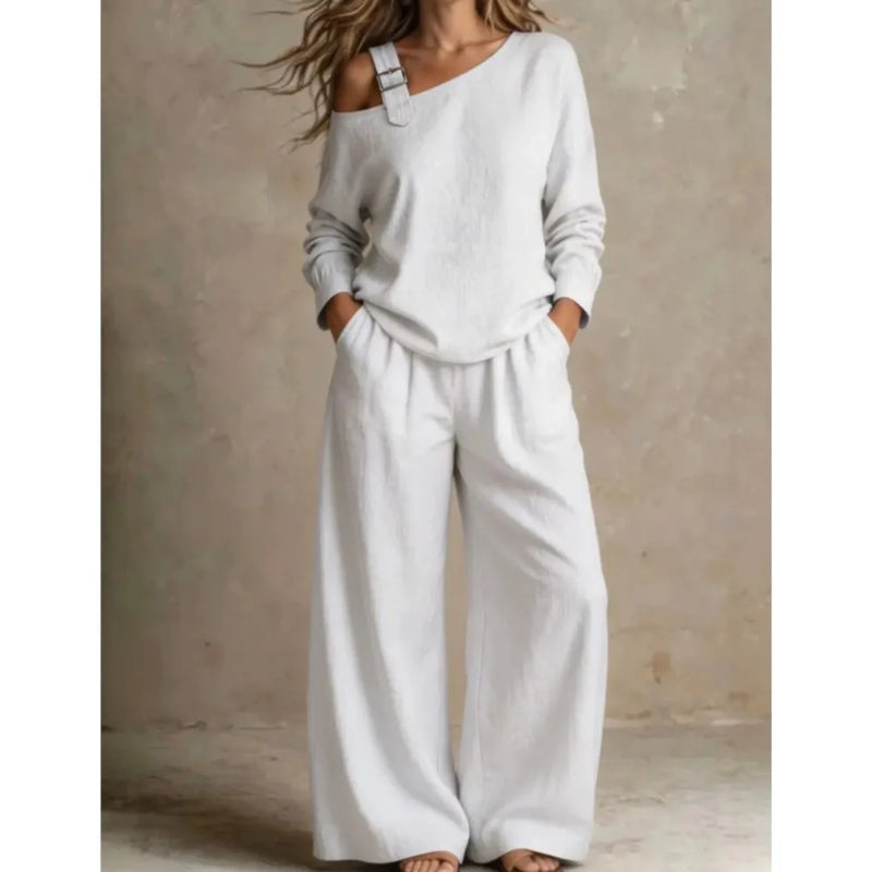 Women sexy one-Shoulder Strap Buckle casual two Piece Sets Autumn Solid Slant Neck Long Sleeve top  Wide Leg Pants Matching Sets