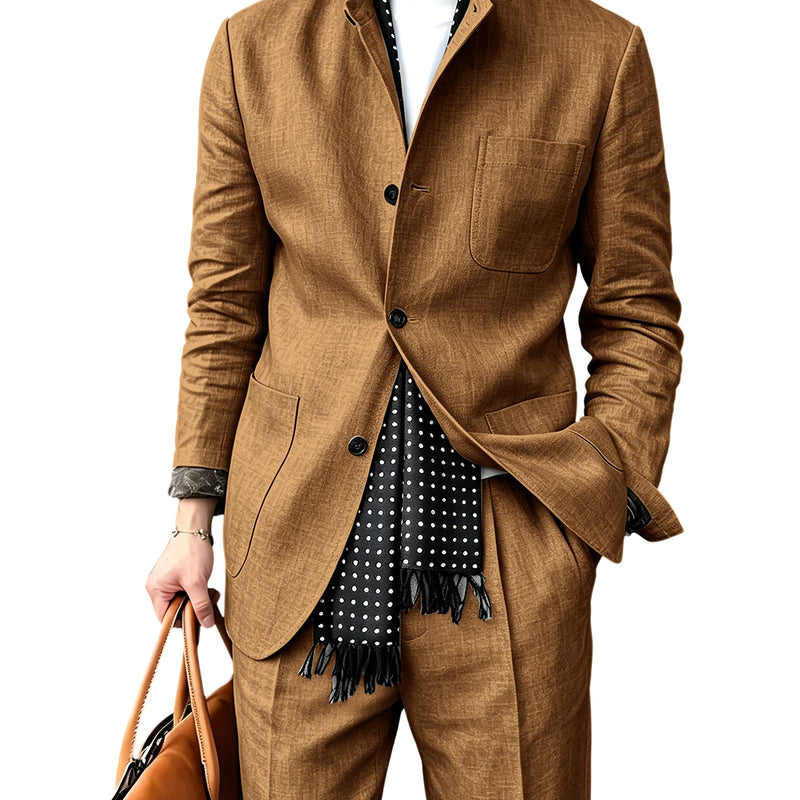 Men's Linen Blend 2 Piece Suit Set Stand Collar Breathable Casual Blazer Pants For Business Daily Wear