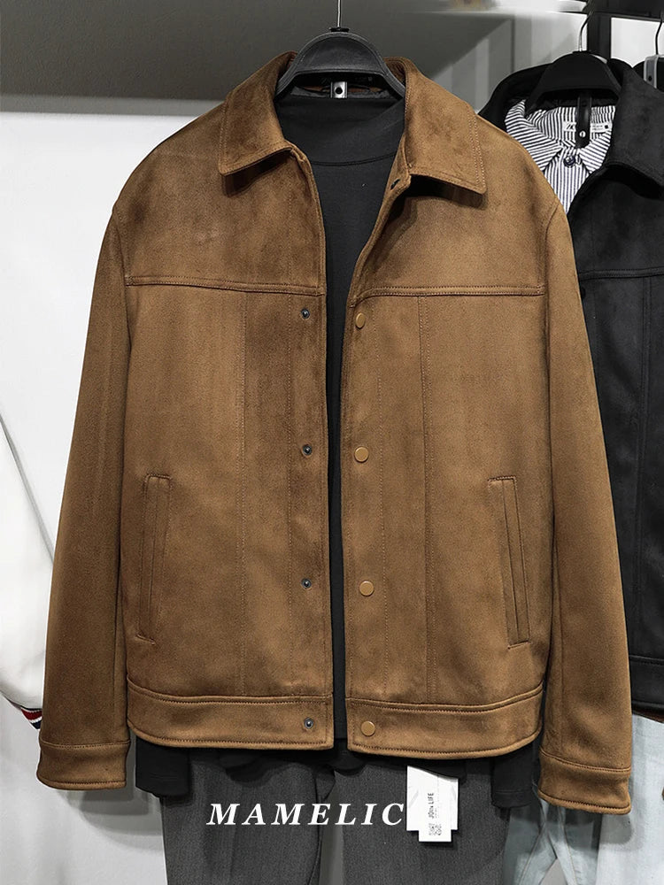 MAMELICCE Original design Faux suede Vintage color turn-down collar jacket Slim and short Men's clothing tops