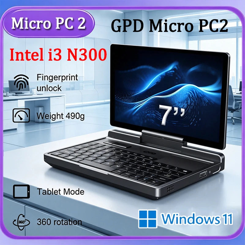 GPD Micro PC 2 Beastly Handheld Mini Laptop: 7 Blazing Touch Screen, 16GB RAM, 512GB SSD, N300 CPU, Windows 11 Pocket-Sized