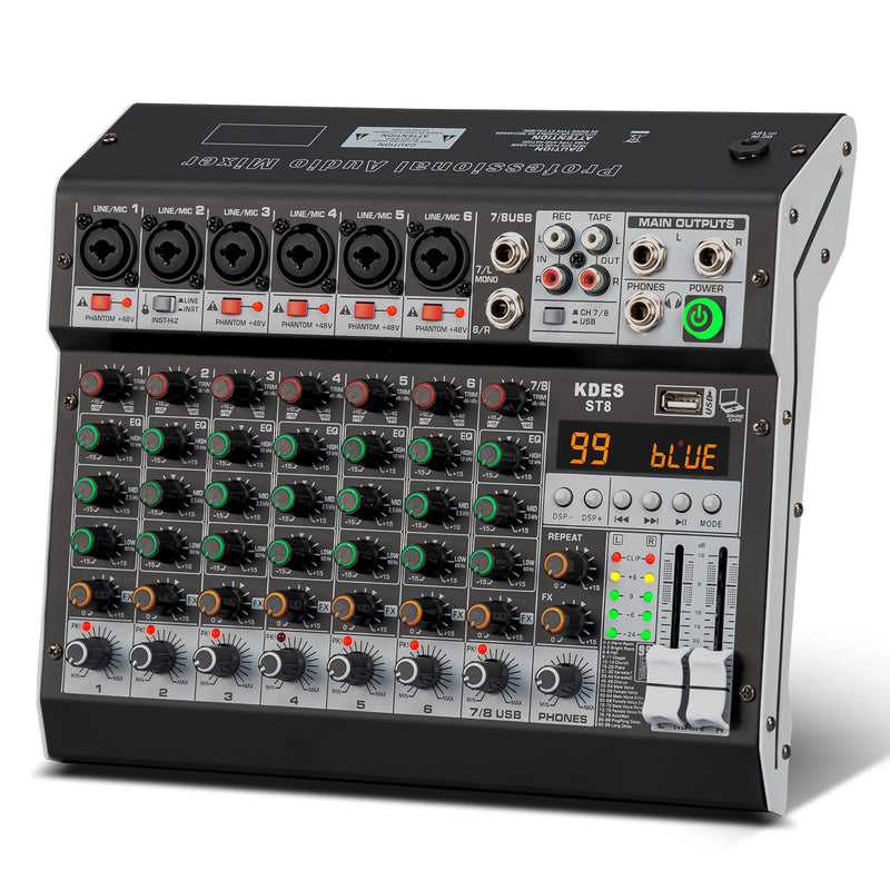 KDES Audio Mixer 4-6-8 Channel 99 DSP Effect Record PC 48V Phantom Power USB Sound Mixers Bluetooth DJ Console Mixing for Karaok