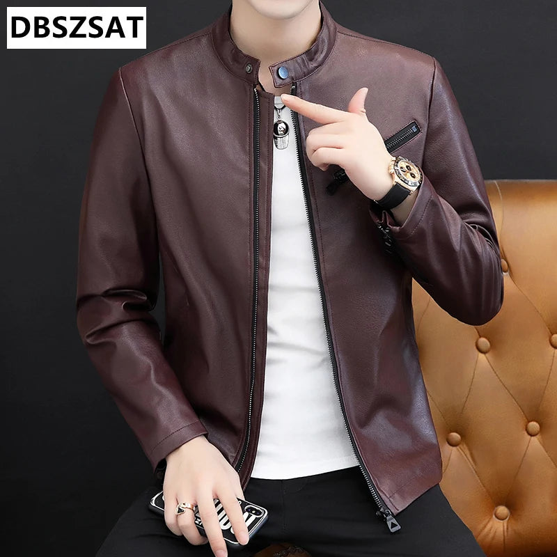New Winter Faux Fur Collar Windproof Warm Coat Luxury Clothing Brand Chaqueta Cuero Hombre Vintage Brown Leather Jacket Men's