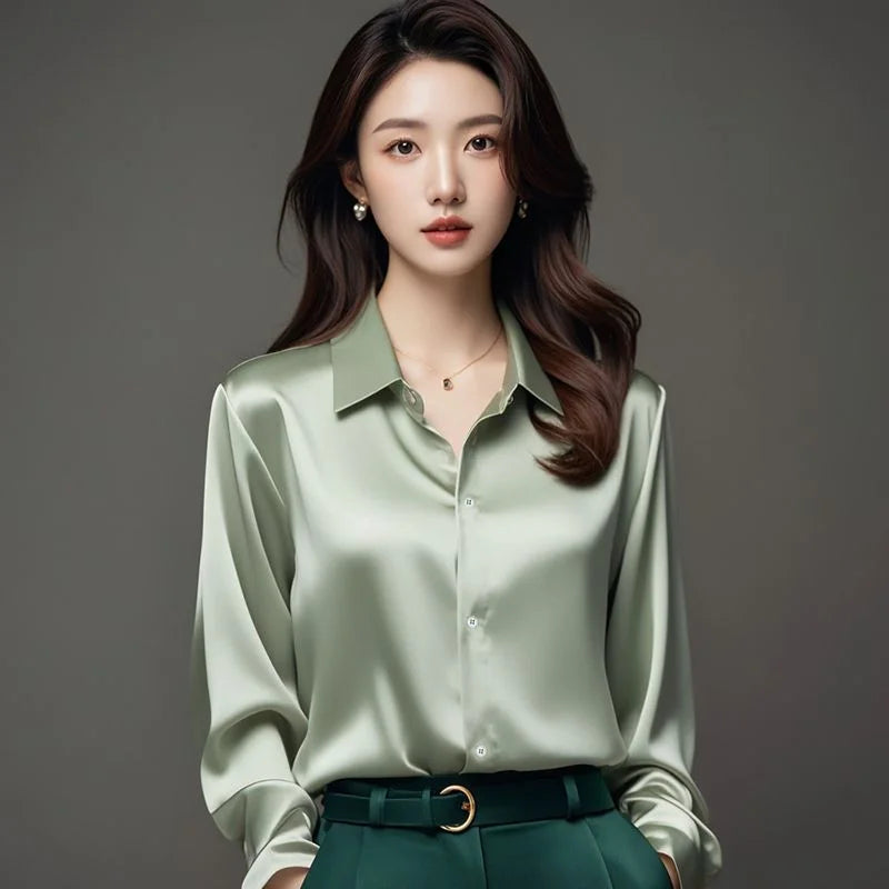 Ele Purple Silk Satin Long Sve Women's irt Profional Faionable Commuting Sle Autumn New Arrival Loose Fit Pol...