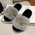 Fluffy Women's Slippers Home Winter Chain Luxury Designer Woman Shoes Plush Indoor Casual Platform Fuzzy Fur Slides Elegant New