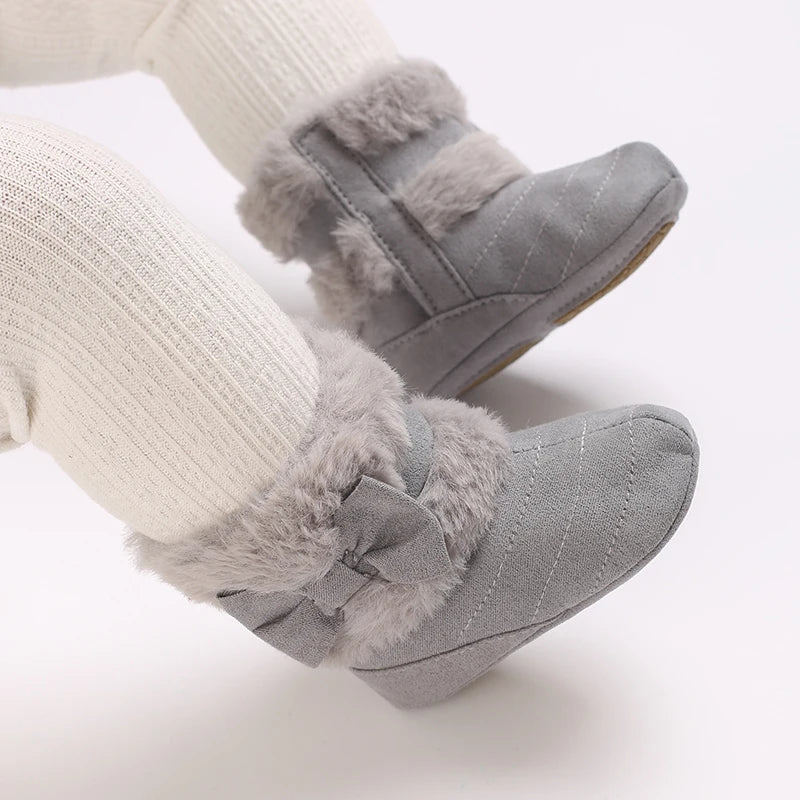 Winter Rubber Sole Baby Girls Boots Cute Bow Warm Plush Pom Snow Shoes Warm Baby Walking Shoes for Toddler Infant First Walkers