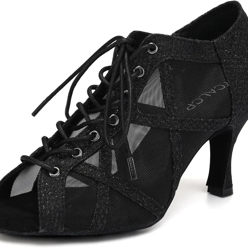 Black Latin Dance Shoes for Women Breathable Mesh Suede Sole Wedding Party Professional Ballroom Jazz Tango Training Dancing
